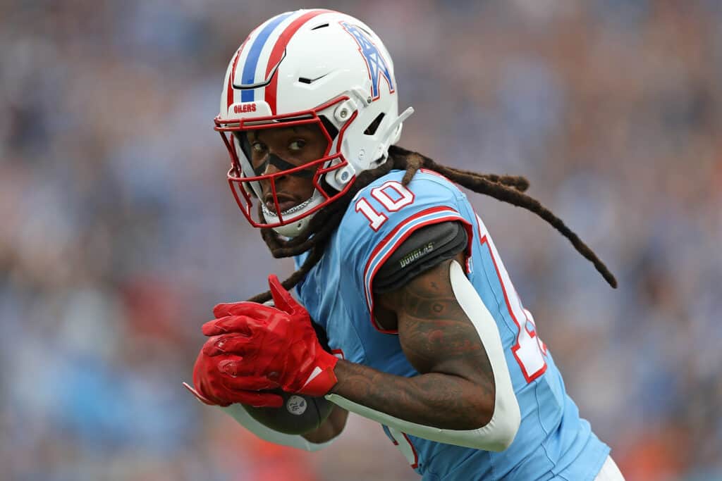 DeAndre Hopkins #10 of the Tennessee Titans during the game against the Atlanta Falcons at Nissan Stadium on October 29, 2023 in Nashville, Tennessee.