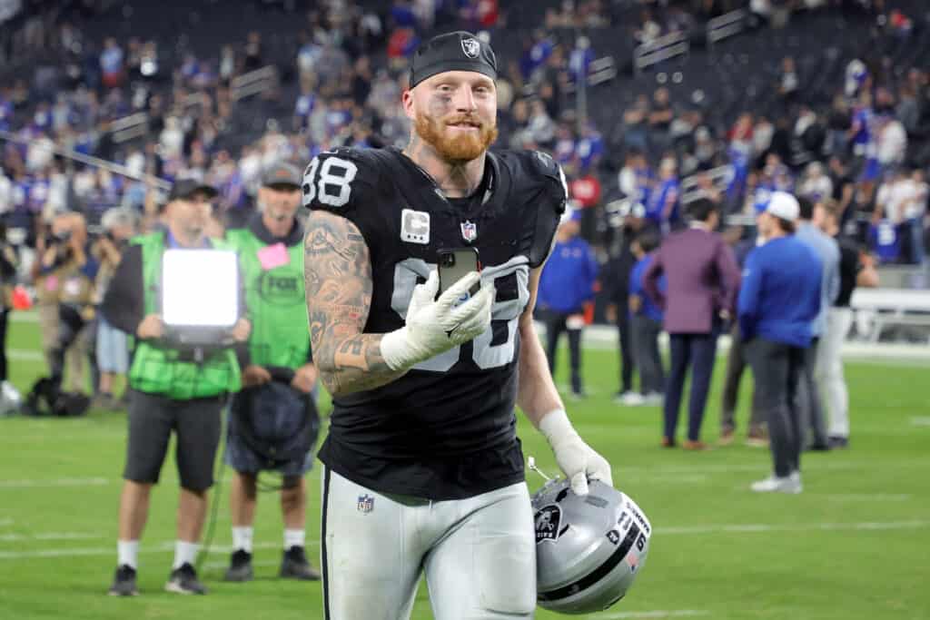 Maxx Crosby #98 of the Las Vegas Raiders runs off the field after the Raiders defeated the New York Giants 30-6 at Allegiant Stadium on November 05, 2023 in Las Vegas, Nevada. 
