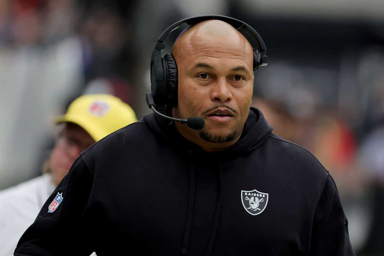 Interim head coach Antonio Pierce of the Las Vegas Raiders looks on before a game against the New York Giants at Allegiant Stadium on November 05, 2023 in Las Vegas, Nevada.