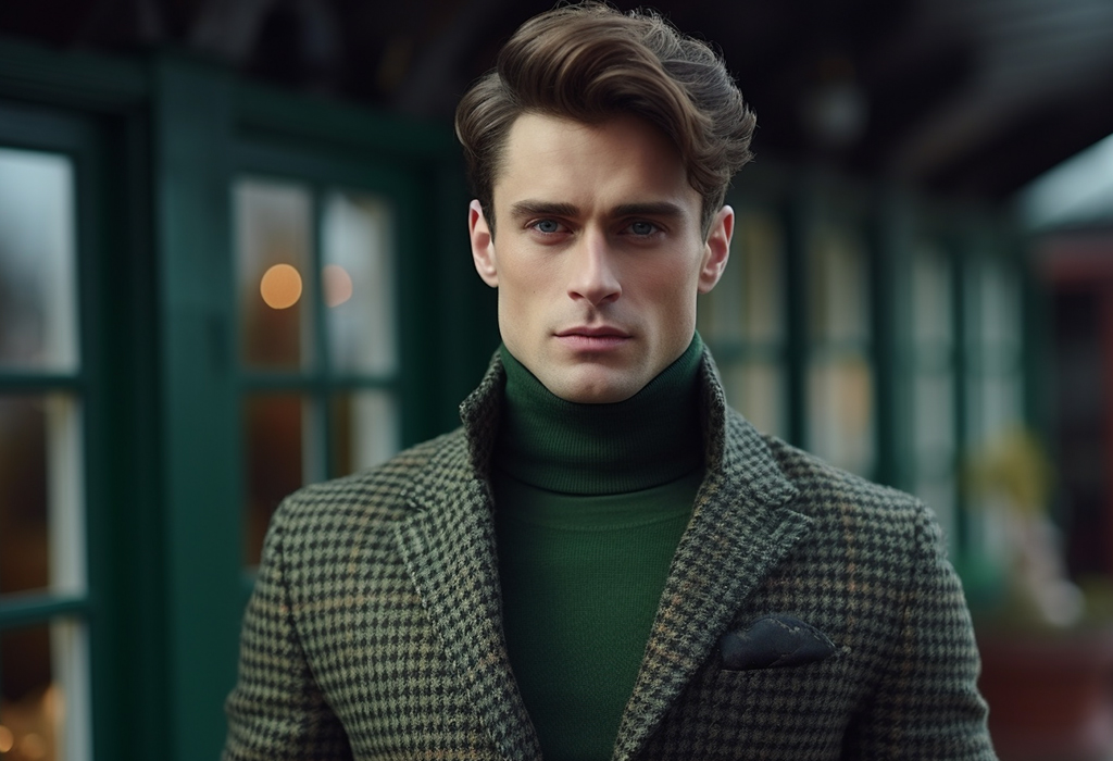 Man in jacket and green turtleneck 