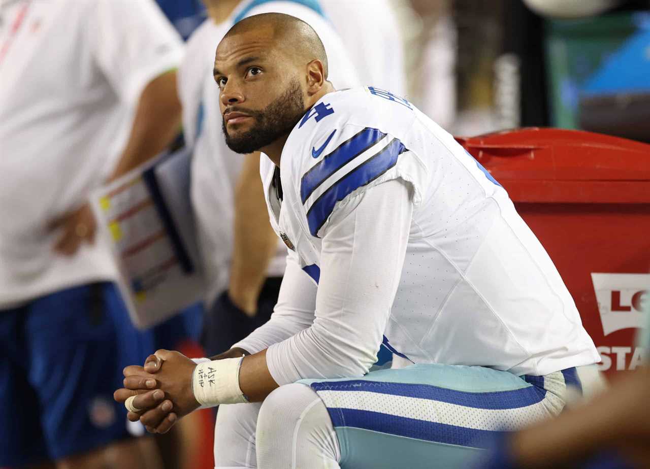 Dak Prescott #4 of the Dallas Cowboys reacts on the bench during the fourth quarter against the San Francisco 49ers at Levi's Stadium on October 08, 2023 in Santa Clara, California
