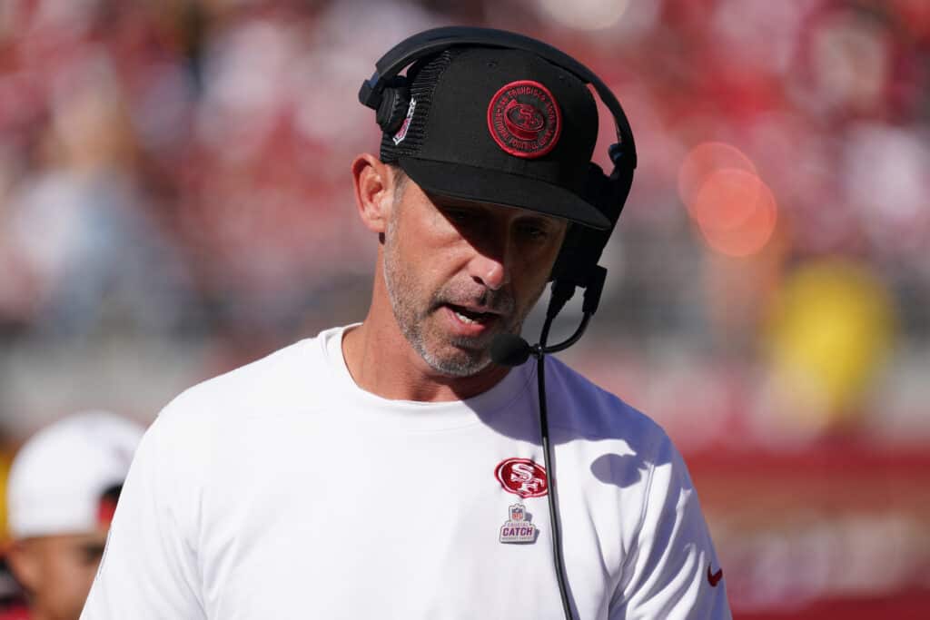 Head coach Kyle Shanahan of the San Francisco 49ers looks on during the first half against the Cincinnati Bengals at Levi's Stadium on October 29, 2023 in Santa Clara, California.