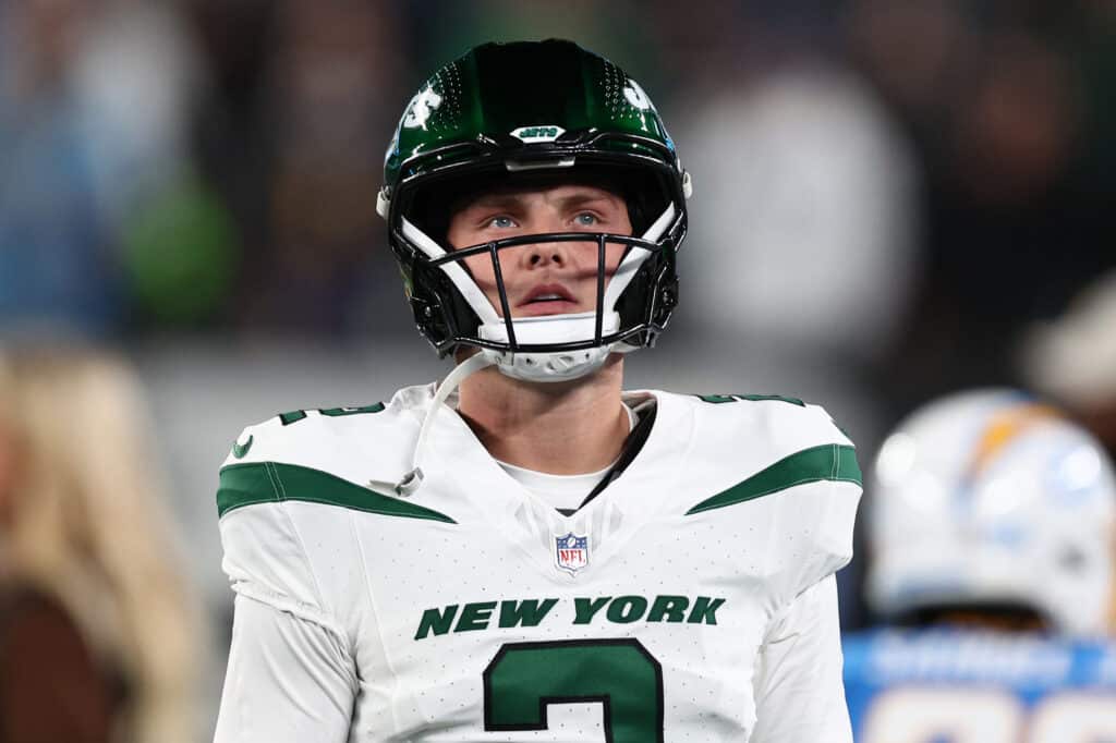 Zach Wilson #2 of the New York Jets warms up before the game against the Los Angeles Chargers at MetLife Stadium on November 06, 2023 in East Rutherford, New Jersey.