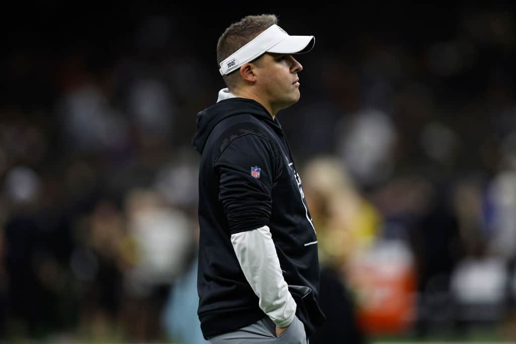 Head coach Josh McDaniels of the Las Vegas Raiders looks on before a game against the New Orleans Saints at Caesars Superdome on October 30, 2022 in New Orleans, Louisiana.
