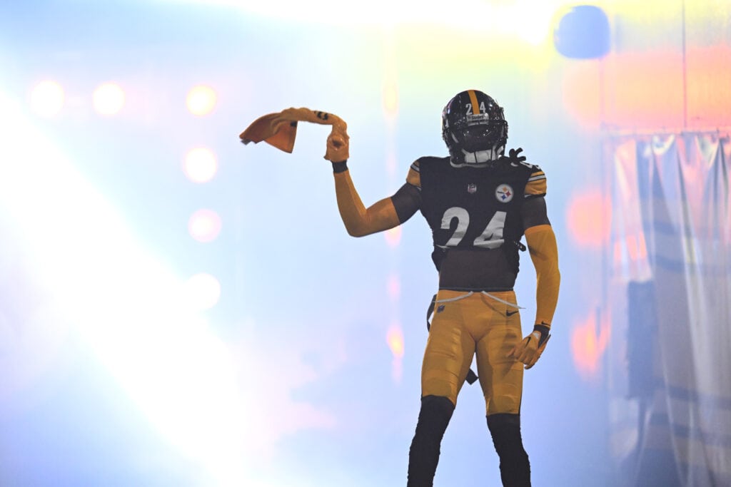 Joey Porter Jr. #24 of the Pittsburgh Steelers walks onto the field before the game against the Tennessee Titans at Acrisure Stadium on November 02, 2023 in Pittsburgh, Pennsylvania