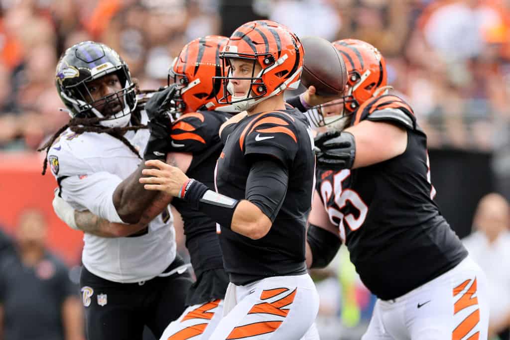 Joe Burrow #9 of the Cincinnati Bengals throws a pass during the fourth quarter in the game against the Baltimore Ravens at Paycor Stadium on September 17, 2023 in Cincinnati, Ohio.