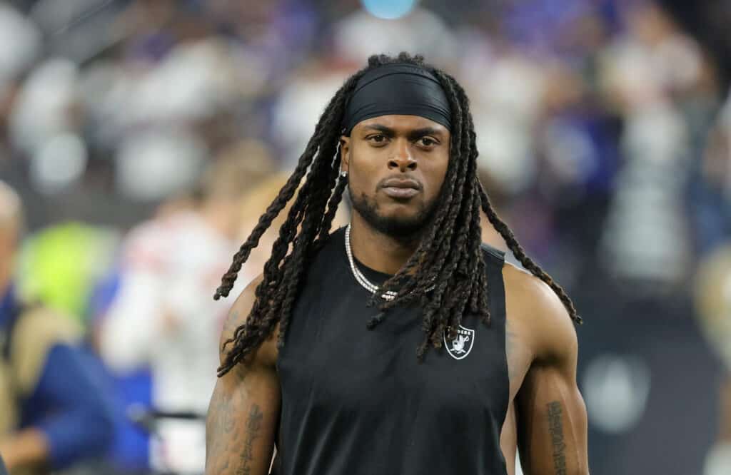 Wide receiver Davante Adams #17 of the Las Vegas Raiders walks off the field after the team's 30-6 victory over the New York Giants at Allegiant Stadium on November 05, 2023 in Las Vegas, Nevada.