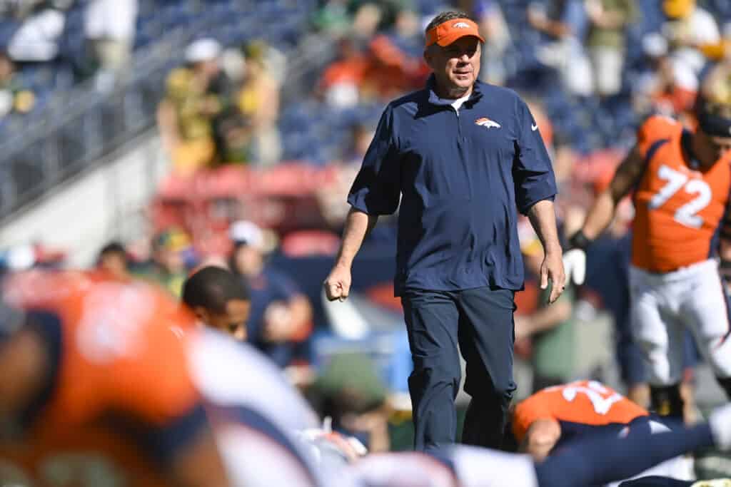 Head coach Sean Payton of the Denver Broncos looks on prior to a game against the Green Bay Packers at Empower Field At Mile High on October 22, 2023 in Denver, Colorado.