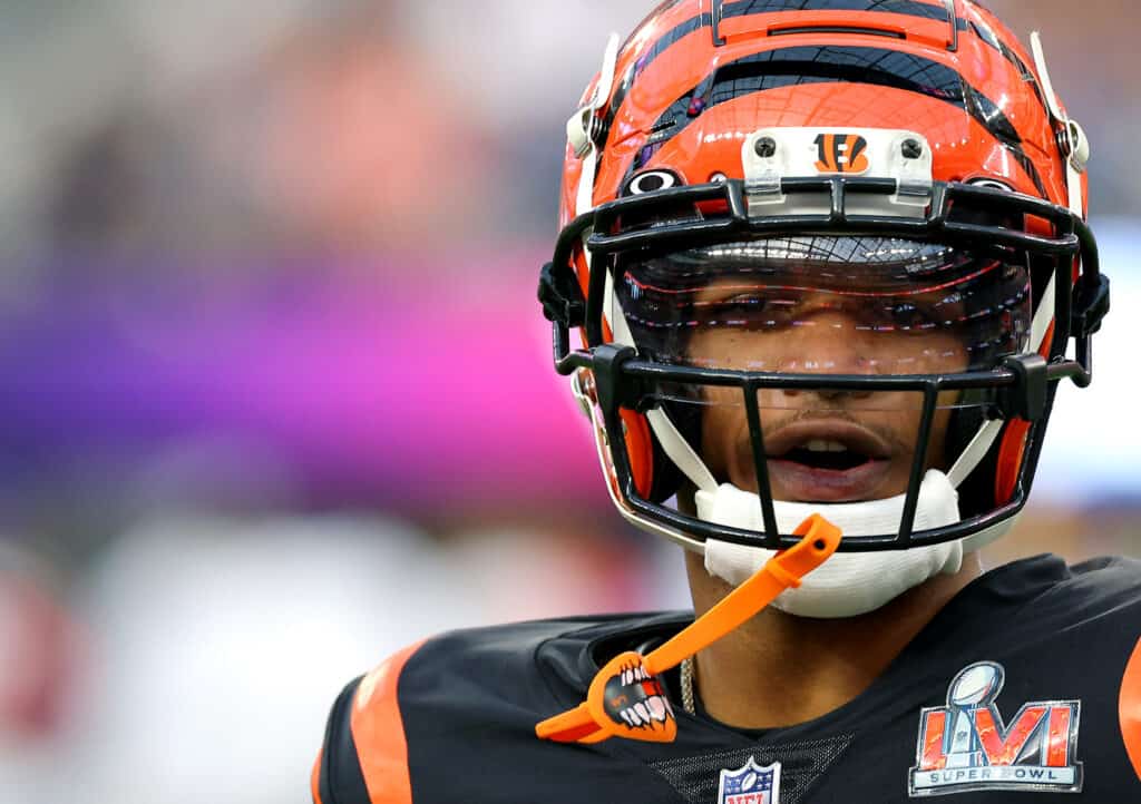 Ja'Marr Chase #1 of the Cincinnati Bengals looks on during the first quarter of Super Bowl LVI against the Los Angeles Rams at SoFi Stadium on February 13, 2022 in Inglewood, California.