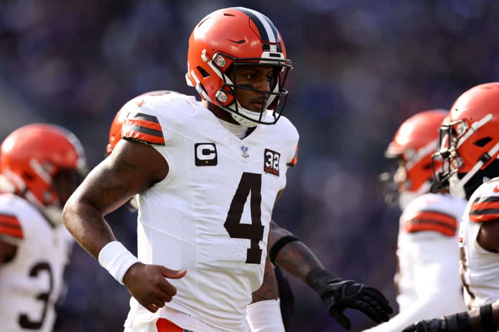 Deshaun Watson #4 of the Cleveland Browns looks on against the Baltimore Ravens during the first quarter at M&T Bank Stadium on November 12, 2023 in Baltimore, Maryland.