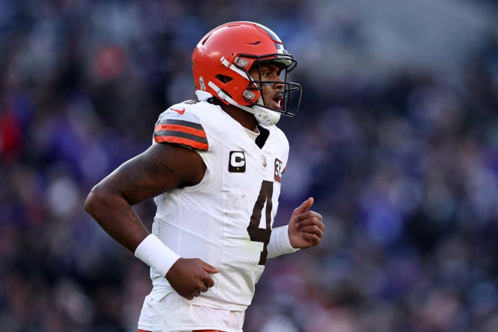 Deshaun Watson #4 of the Cleveland Browns looks on against the Baltimore Ravens during the second half at M&T Bank Stadium on November 12, 2023 in Baltimore, Maryland.