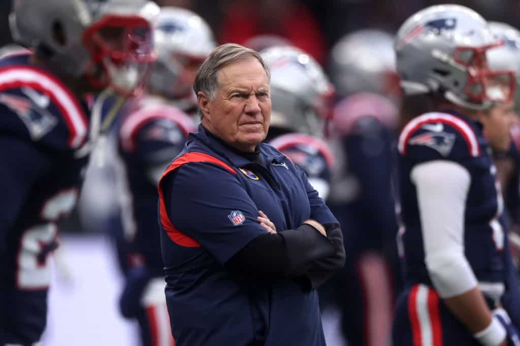 Bill Belichick, Head Coach of the New England Patriots, looks on prior to the NFL match between Indianapolis Colts and New England Patriots at Deutsche Bank Park on November 12, 2023 in Frankfurt am Main, Germany.