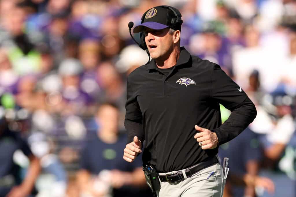 Head coach John Harbaugh of the Baltimore Ravens looks on during the first half against the Seattle Seahawks at M&T Bank Stadium on November 05, 2023 in Baltimore, Maryland.