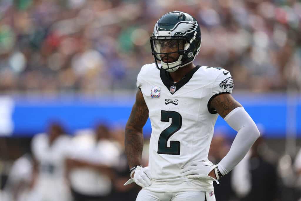 Darius Slay #2 of the Philadelphia Eagles waits at the line of scrimmage during a 23-14 Eagles win over the Los Angeles Ramsat SoFi Stadium on October 08, 2023 in Inglewood, California.