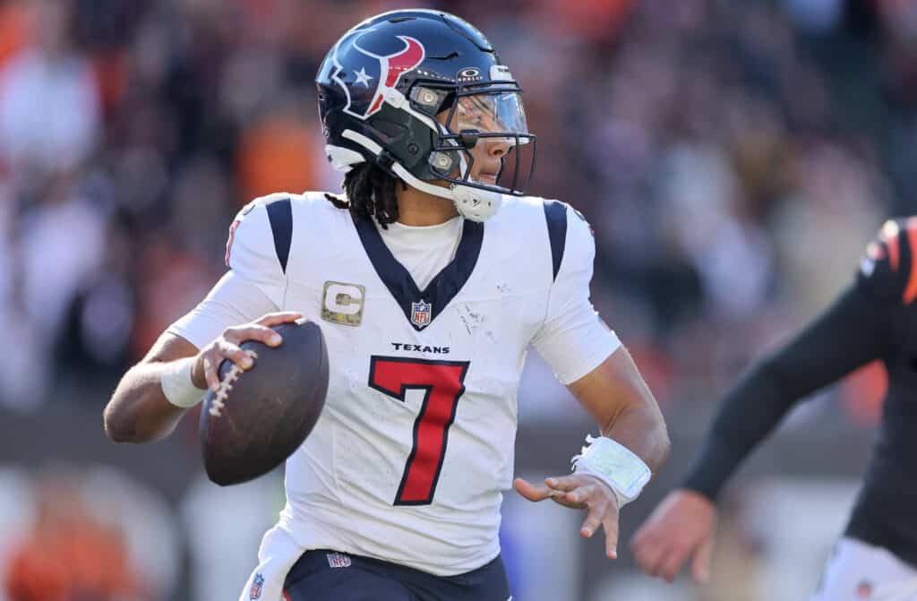 C.J. Stroud #7 of the Houston Texans against the Cincinnati Bengals at Paycor Stadium on November 12, 2023 in Cincinnati, Ohio.