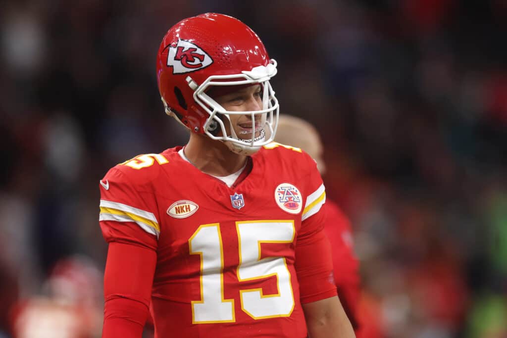 Patrick Mahomes #15 of the Kansas City Chiefs looks on during his warm up prior to the NFL match between Miami Dolphins and Kansas City Chiefs at Deutsche Bank Park on November 05, 2023 in Frankfurt am Main, Germany.