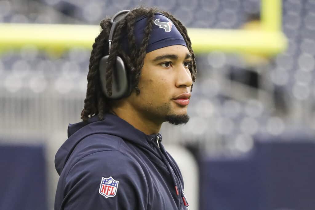 C.J. Stroud #7 of the Houston Texans warms-up prior to a game against the New Orleans Saints at NRG Stadium on October 15, 2023 in Houston, Texas.