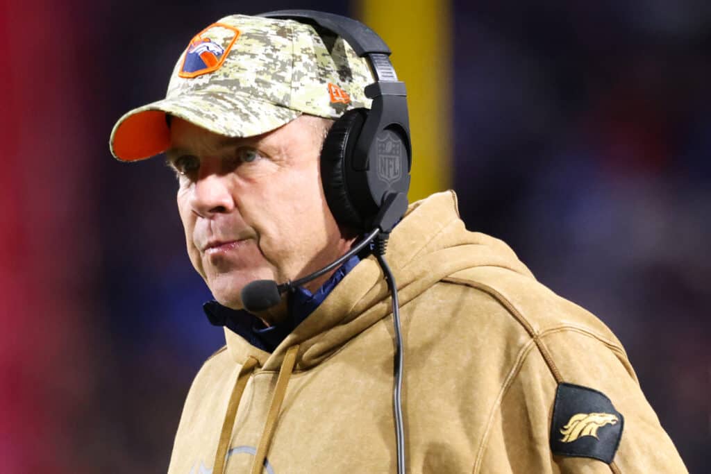 Head coach Sean Payton of the Denver Broncos looks on during the second half of the game against the Buffalo Bills Highmark Stadium on November 13, 2023 in Orchard Park, New York.