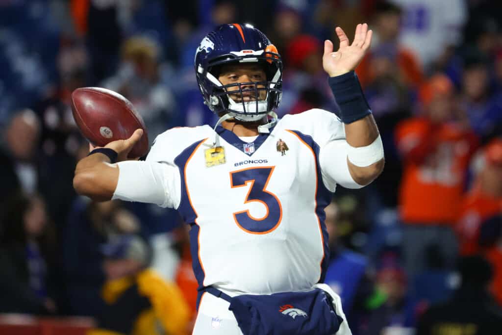 Russell Wilson #3 of the Denver Broncos warms up prior to a game against the Buffalo Bills at Highmark Stadium on November 13, 2023 in Orchard Park, New York.