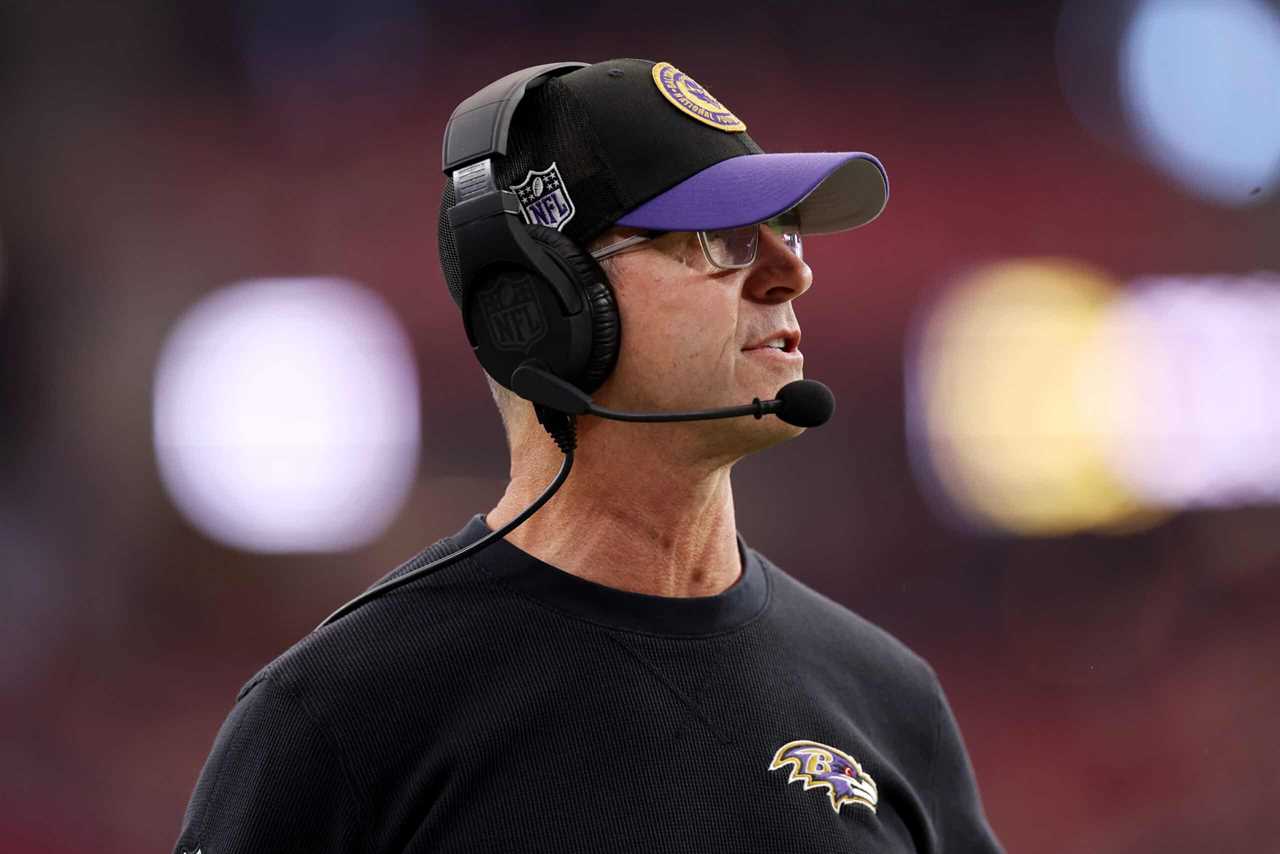 Head coach John Harbaugh of the Baltimore Ravens looks on during the first half against the Arizona Cardinals at State Farm Stadium on October 29, 2023 in Glendale, Arizona
