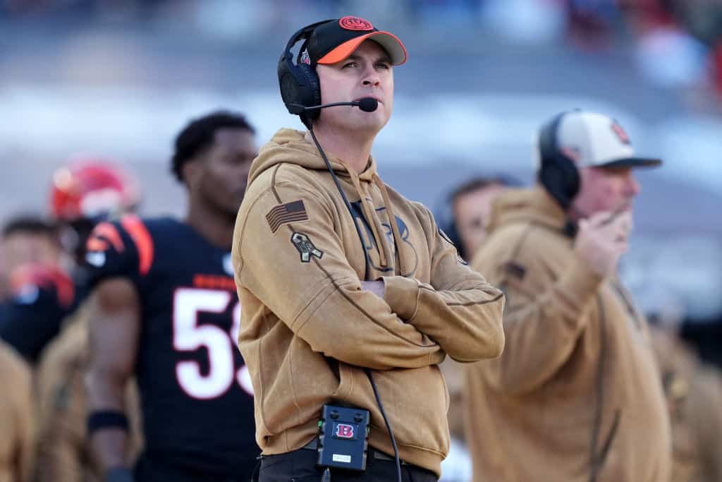 Cincinnati Bengals head coach Zac Taylor looks on during the first quarter against the Houston Texans at Paycor Stadium on November 12, 2023 in Cincinnati, Ohio.