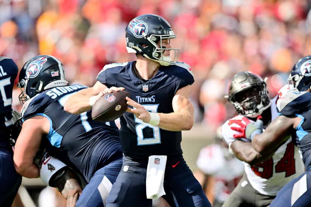 Will Levis #8 of the Tennessee Titans attempts a pass during the second quarter against the Tampa Bay Buccaneers at Raymond James Stadium on November 12, 2023 in Tampa, Florida.