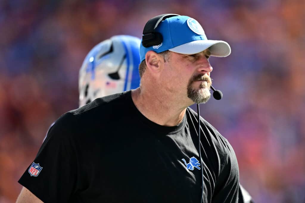 Head coach Dan Campbell of the Detroit Lions looks on during the first quarter against the Tampa Bay Buccaneers at Raymond James Stadium on October 15, 2023 in Tampa, Florida.
