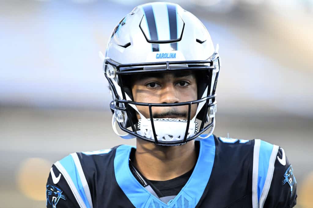 Bryce Young #9 of the Carolina Panthers looks on before the game against the Indianapolis Colts at Bank of America Stadium on November 05, 2023 in Charlotte, North Carolina. 