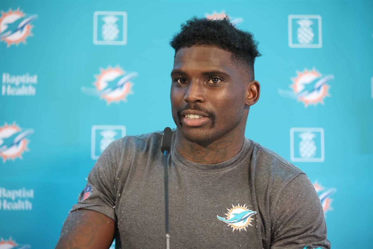 Tyreek Hill talks to the media during a Miami Dolphins press conference at PSD Bank Arena on November 02, 2023 in Frankfurt am Main, Germany.