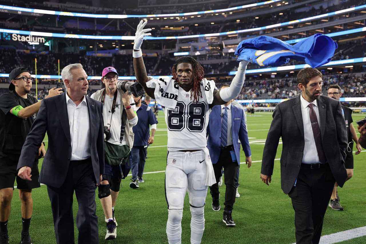CeeDee Lamb #88 of the Dallas Cowboys reacts after the Dallas Cowboys defeated the Los Angeles Chargers 20-17 at SoFi Stadium on October 16, 2023 in Inglewood, California.