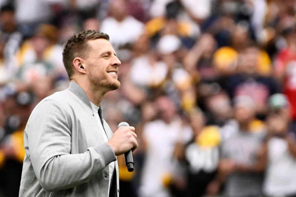 Former Houston Texans player J.J. Watt looks on prior to a game between the Houston Texans and the Pittsburgh Steelers at NRG Stadium on October 01, 2023 in Houston, Texas.
