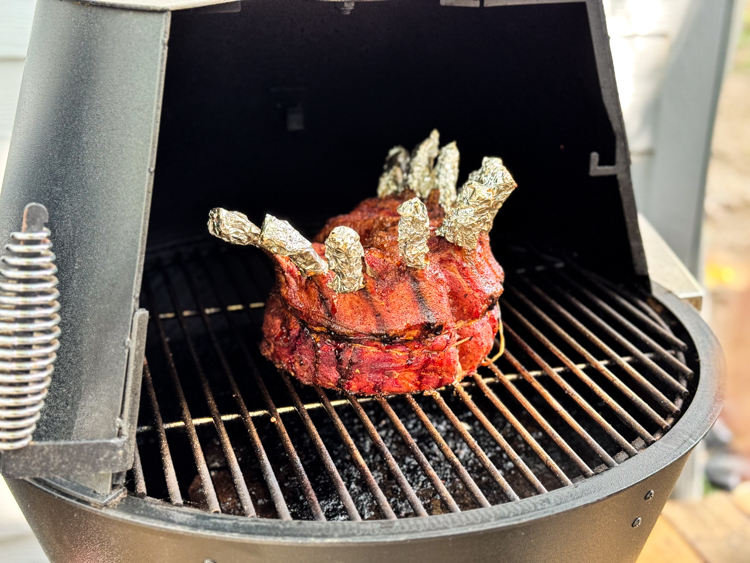 smoked pork crown in the smoker