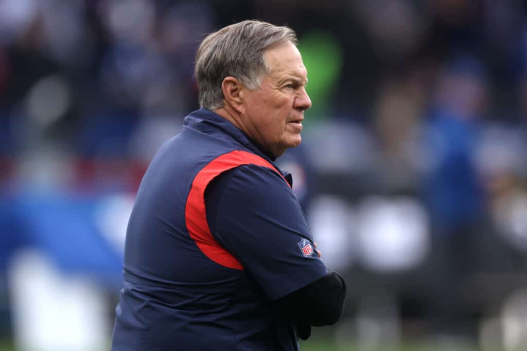 Bill Belichick, Head Coach of the New England Patriots, looks on prior to the NFL match between Indianapolis Colts and New England Patriots at Deutsche Bank Park on November 12, 2023 in Frankfurt am Main, Germany. 