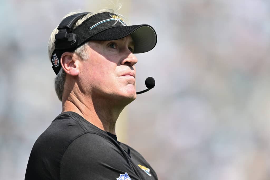 Head coach Doug Pederson of the Jacksonville Jaguars looks on during the first half of a game against the Houston Texans at EverBank Stadium on September 24, 2023 in Jacksonville, Florida.