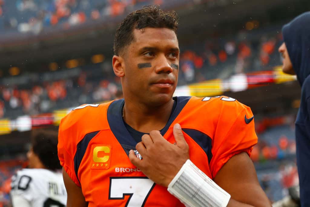 Russell Wilson #3 of the Denver Broncos reacts after his team's 17-16 loss against the Las Vegas Raiders at Empower Field At Mile High on September 10, 2023 in Denver, Colorado.