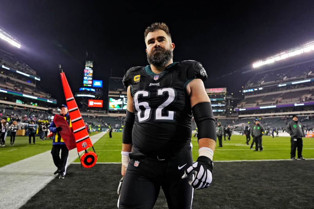 Jason Kelce #62 of the Philadelphia Eagles walks off the field after his team's 22-16 win against the New York Giants at Lincoln Financial Field on January 08, 2023 in Philadelphia, Pennsylvania.