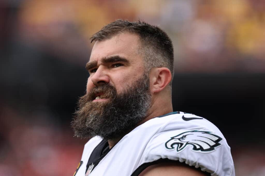 Center Jason Kelce #62 of the Philadelphia Eagles looks on against the Washington Commanders at FedExField on October 29, 2023 in Landover, Maryland.