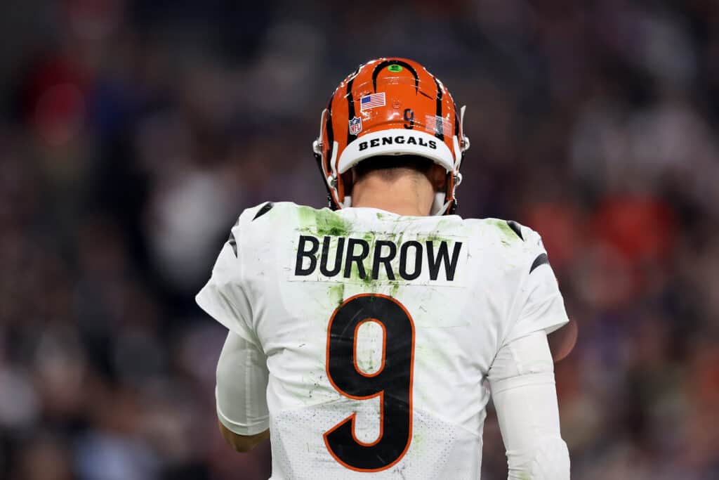 BALTIMORE, MARYLAND - NOVEMBER 16: Joe Burrow #9 of the Cincinnati Bengals looks on against the Baltimore Ravens during the second quarter of the game at M&T Bank Stadium on November 16, 2023 in Baltimore, Maryland.