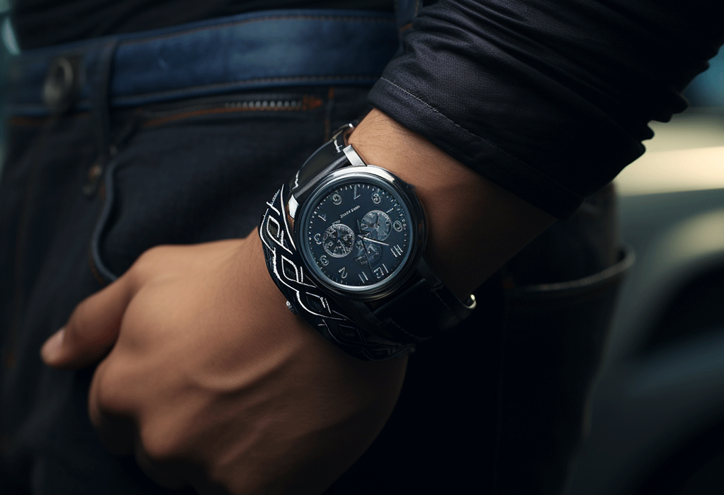watch and leather bracelet on man's wrist