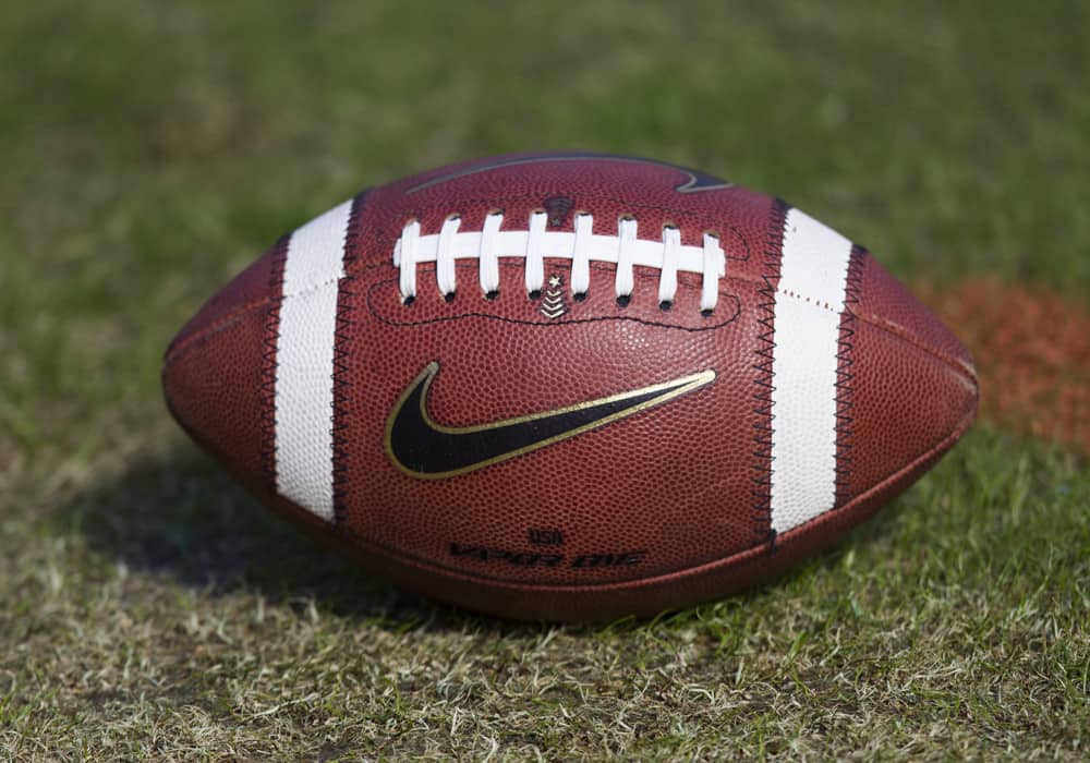 CHARLOTTESVILLE, VA - OCTOBER 27: Nike NCAA football resting on the field prior to the game between the North Carolina Tar Heels and the Virginia Cavaliers on October 27, 2018, at Scott Stadium in Charlottesville, VA.