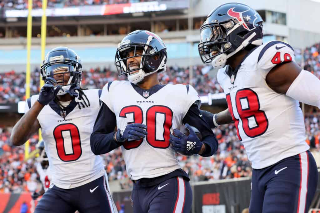 #30 of the Houston Texans reacts after an interception during the fourth quarter against the Cincinnati Bengals at Paycor Stadium on November 12, 2023 in Cincinnati, Ohio