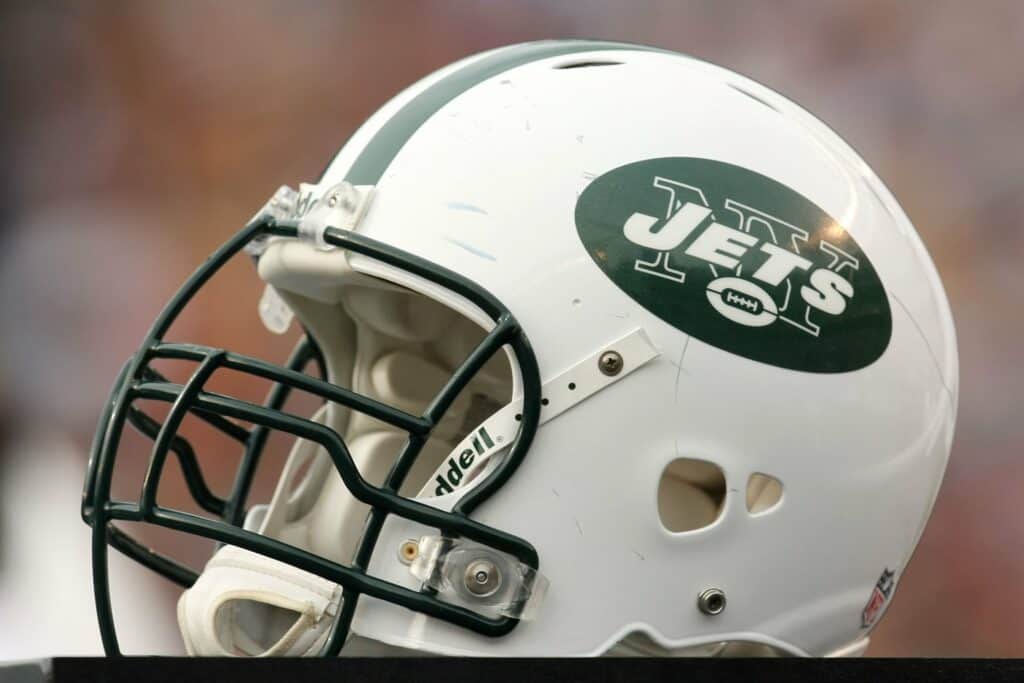 A New York Jets helmet sits on the sidelines during the AFC Divisional Playoff Game against the San Diego Chargers at Qualcomm Stadium on January 17, 2010 in San Diego, California.