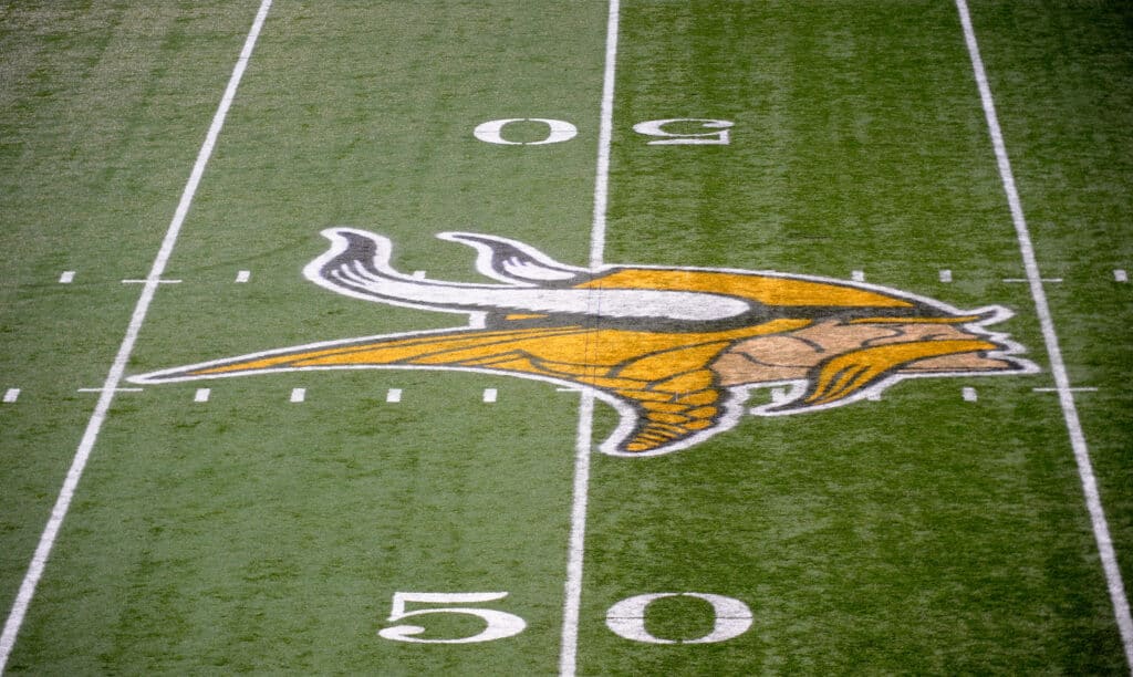 A general view of the Minnesota Vikings' logo on the 50 yard line during the game between the Minnesota Vikings and the New Orleans Saints on December 18, 2011 at Mall of America Field at the Hubert H. Humphrey Metrodome in Minneapolis, Minnesota.