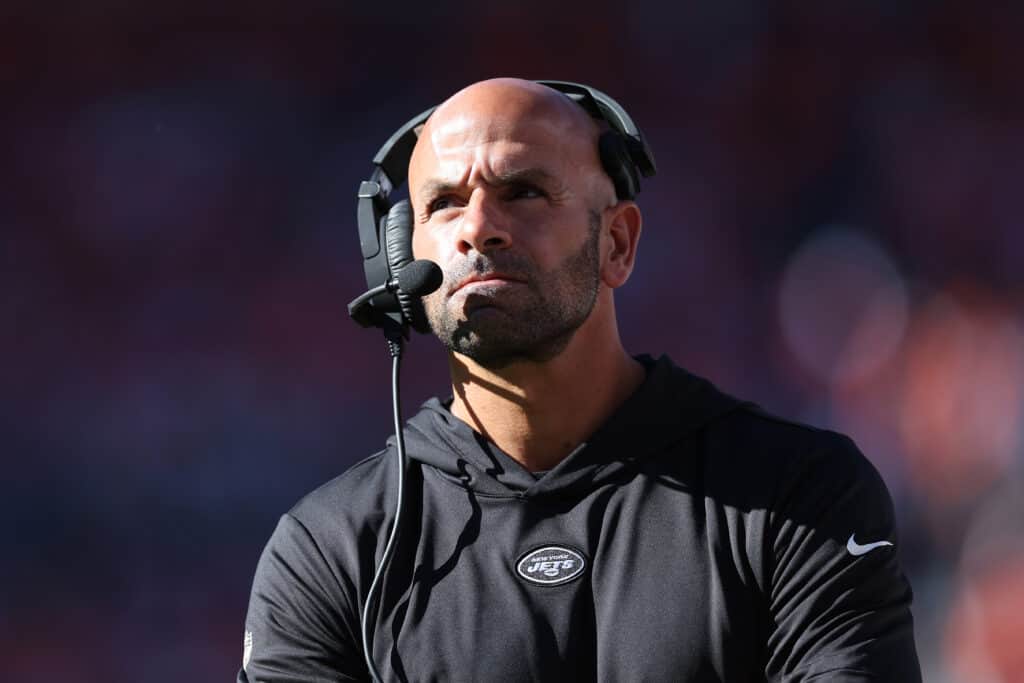 Head coach Robert Saleh of the New York Jets looks on in the second quarter against the Denver Broncos at Empower Field At Mile High on October 08, 2023 in Denver, Colorado.