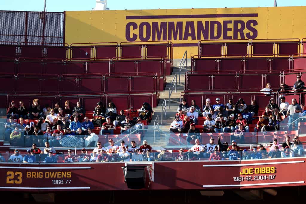 Fans look on during the second half of the New York Giants and Washington Commanders game at FedExField on November 19, 2023 in Landover, Maryland.