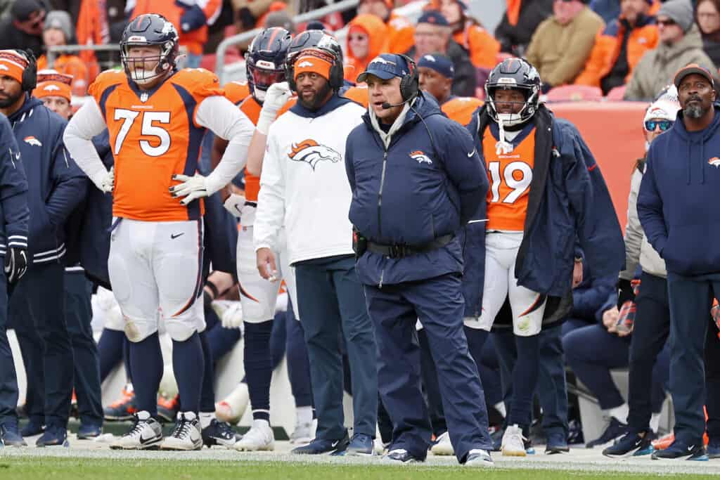 Head coach Sean Payton of the Denver Broncos looks on during the third quarter of a game against the Kansas City Chiefs at Empower Field At Mile High on October 29, 2023 in Denver, Colorado.