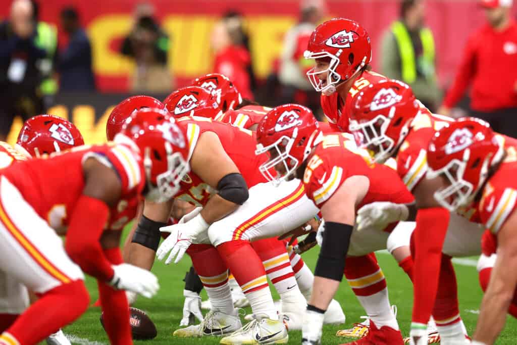 Patrick Mahomes #15 of the Kansas City Chiefs warms up prior to the NFL match between Miami Dolphins and Kansas City Chiefs at Deutsche Bank Park on November 05, 2023 in Frankfurt am Main, Germany.
