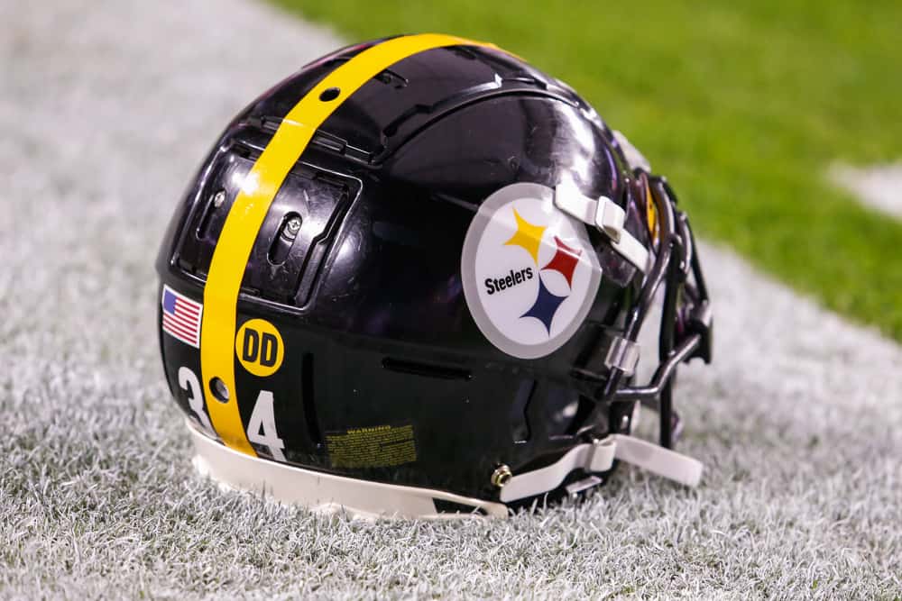A Pittsburgh Steelers helmet on the field before the NFL football game between the Pittsburgh Steelers and the Arizona Cardinals on December 8, 2019 at State Farm Stadium in Glendale, Arizona.