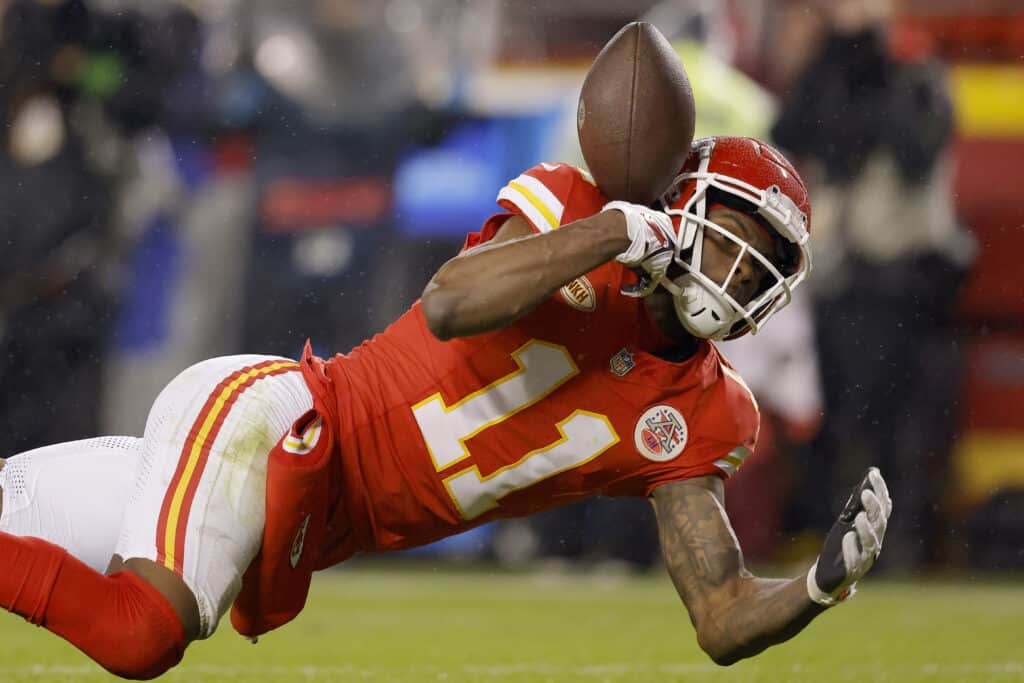 Marquez Valdes-Scantling #11 of the Kansas City Chiefs drops a pass late in the fourth quarter against the Philadelphia Eagles at GEHA Field at Arrowhead Stadium on November 20, 2023 in Kansas City, Missouri.