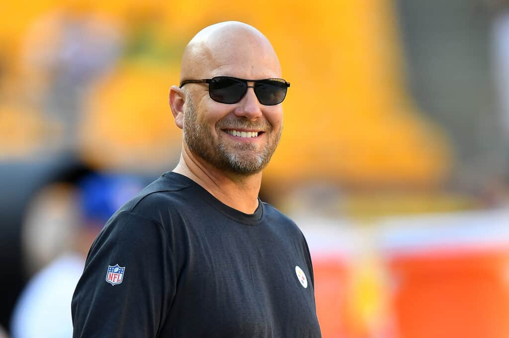 Offensive coordinator Matt Canada of the Pittsburgh Steelers looks on prior to the game against the Detroit Lions at Heinz Field on August 21, 2021 in Pittsburgh, Pennsylvania.
